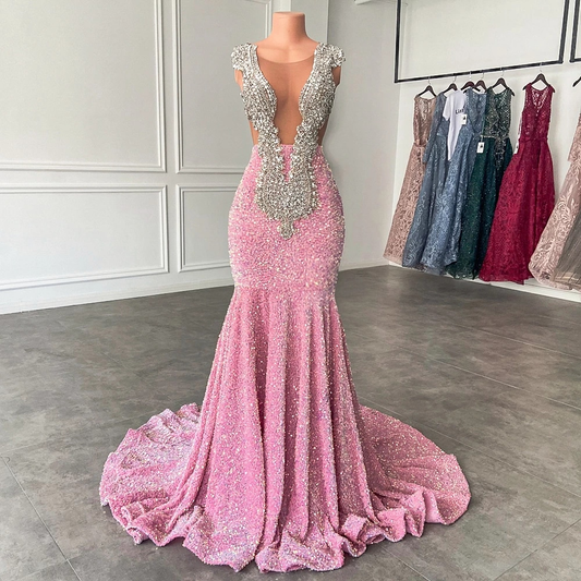 Long Sparkly Prom Dresses 2023 Mermaid Elegant Sheer Luxury Silver Handmade Beaded Pink Sequin Black Girls Prom Dresses 2023