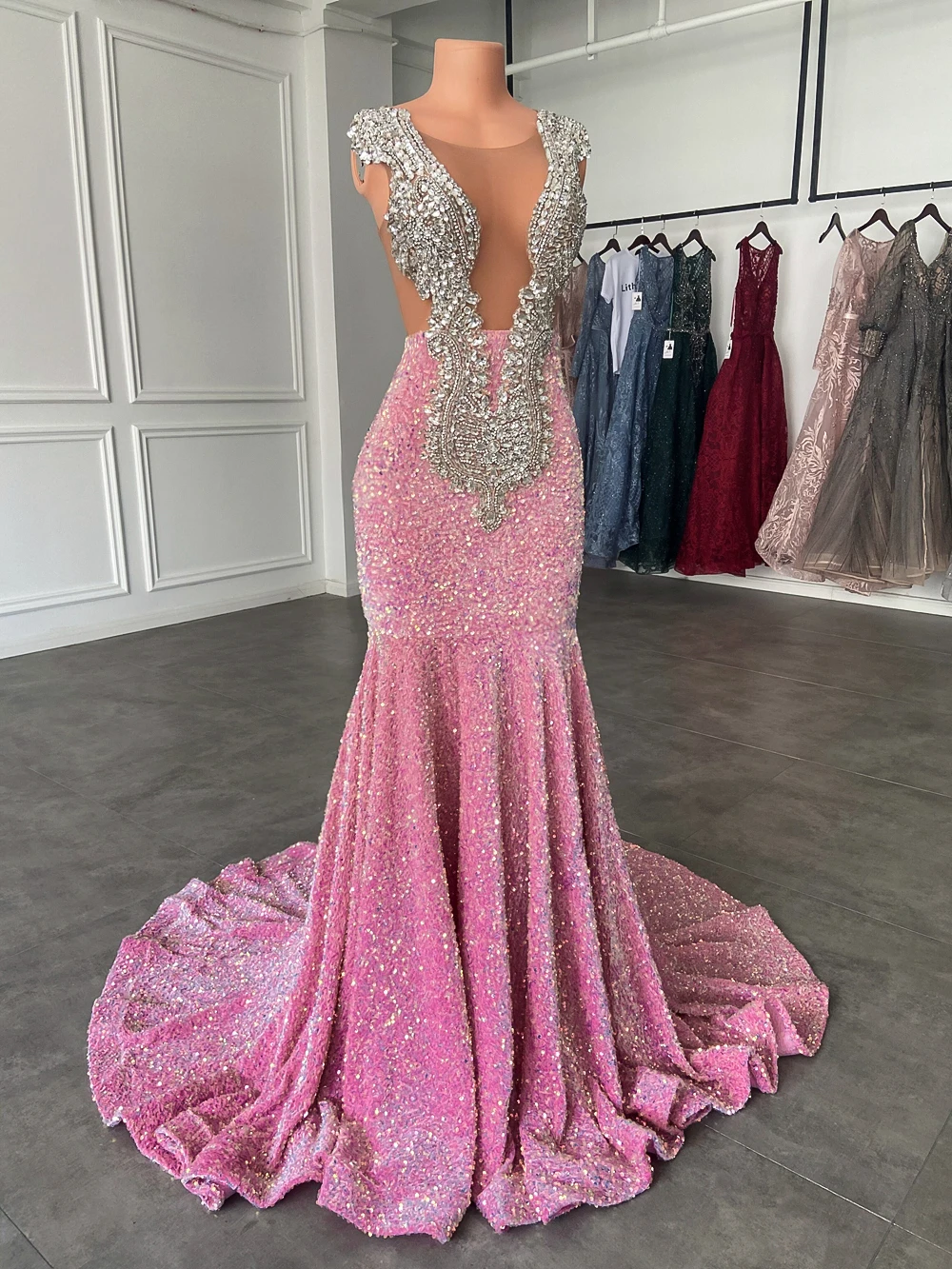 Long Sparkly Prom Dresses 2023 Mermaid Elegant Sheer Luxury Silver Handmade Beaded Pink Sequin Black Girls Prom Dresses 2023