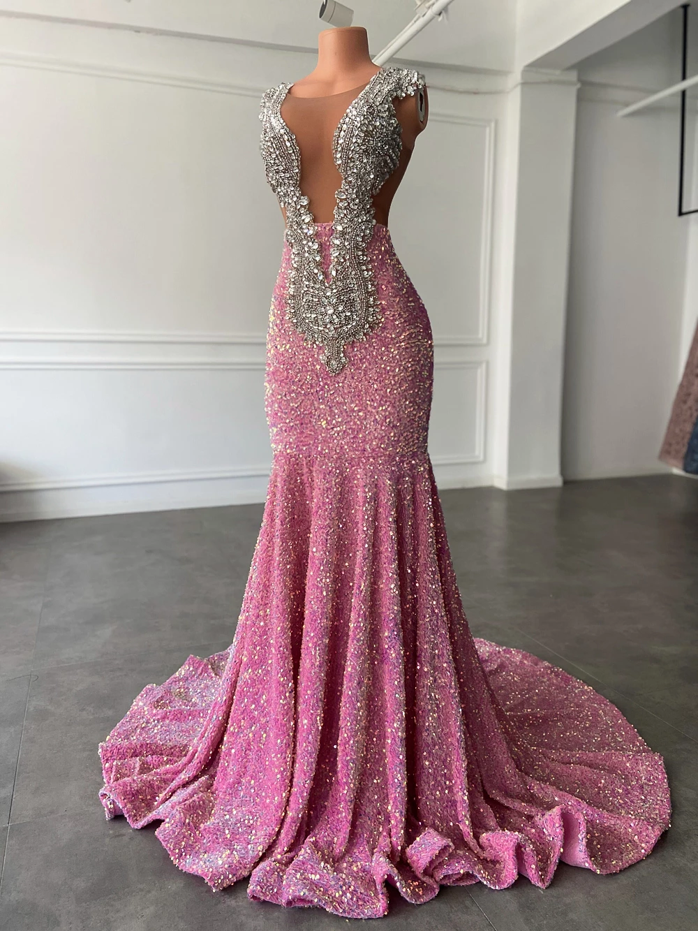 Long Sparkly Prom Dresses 2023 Mermaid Elegant Sheer Luxury Silver Handmade Beaded Pink Sequin Black Girls Prom Dresses 2023