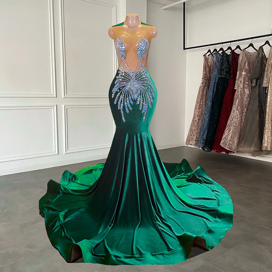 Long Elegant Prom Dresses 2023 Sexy Mermaid Style Sheer Mesh Luxury Handmade Beaded Dark Green Velvet Black Girl Prom Gala Gowns