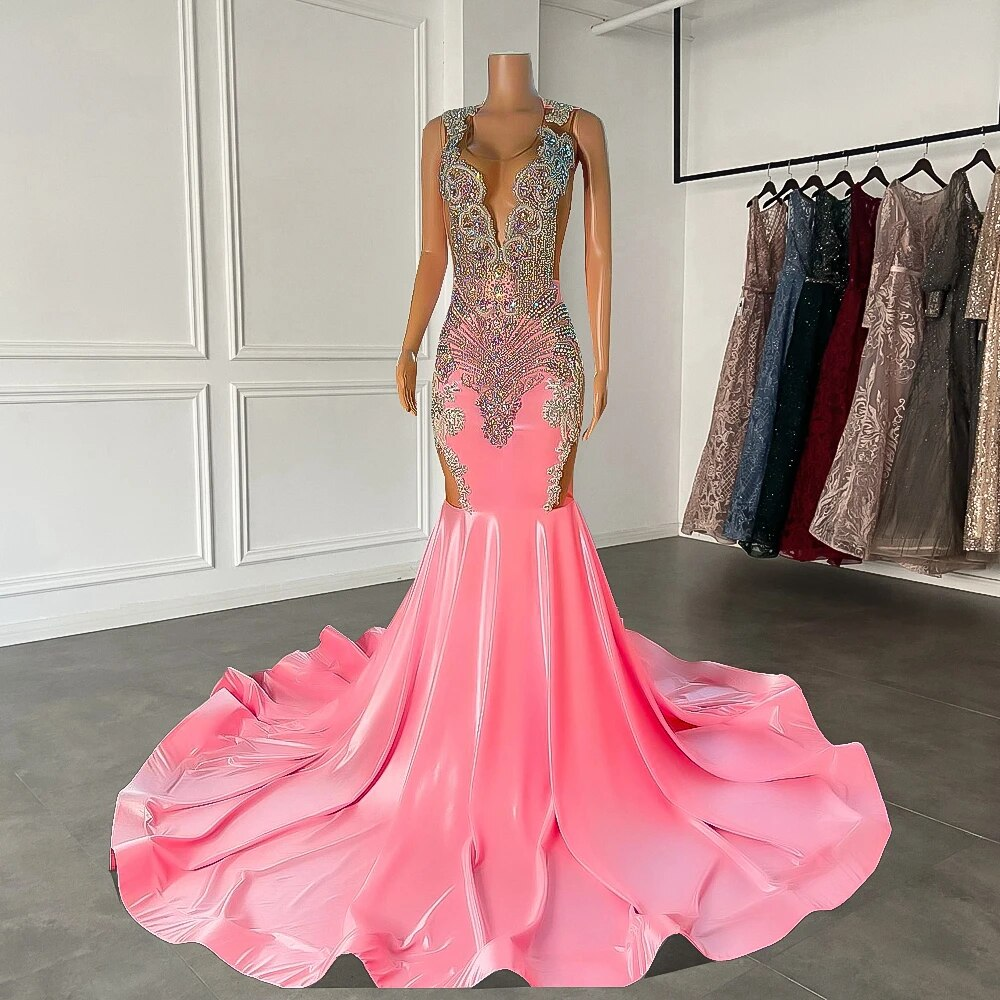 Luxury Long Prom Dresses 2023 Sheer Mesh Sparkly Beaded Diamond Women Mermaid Style Back Girls Pink Prom Gala Formal Gowns