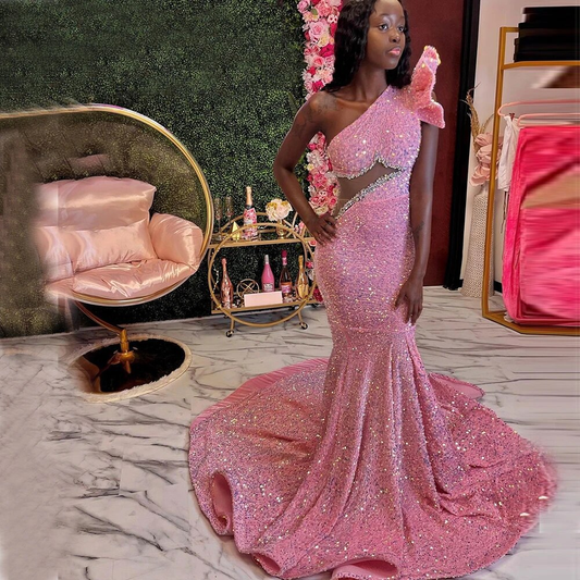 Pink Beaded Sequins Evening Dress One Shoulder Sleeve Celebrity Prom Party Red Carpet Gown Black Girl Formal Homecoming Robe