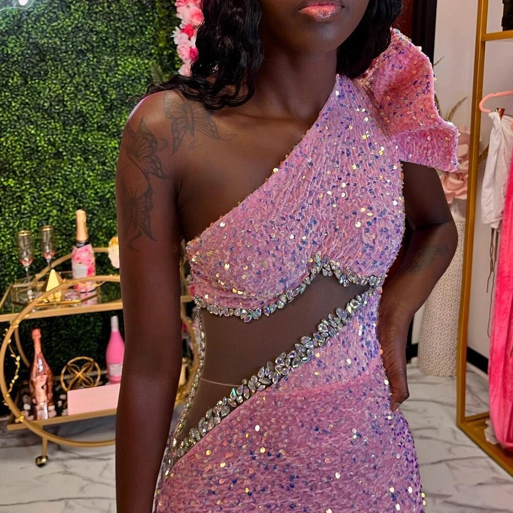 Pink Beaded Sequins Evening Dress One Shoulder Sleeve Celebrity Prom Party Red Carpet Gown Black Girl Formal Homecoming Robe