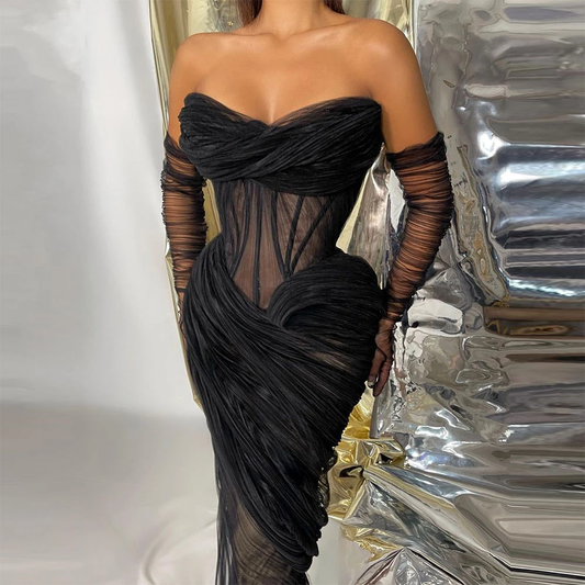 Dubai Black Mermaid Evening Dresses Sweetheart Long Sleeves Pleat Ruched Saudi Arabic Women Party Prom Gowns 2023