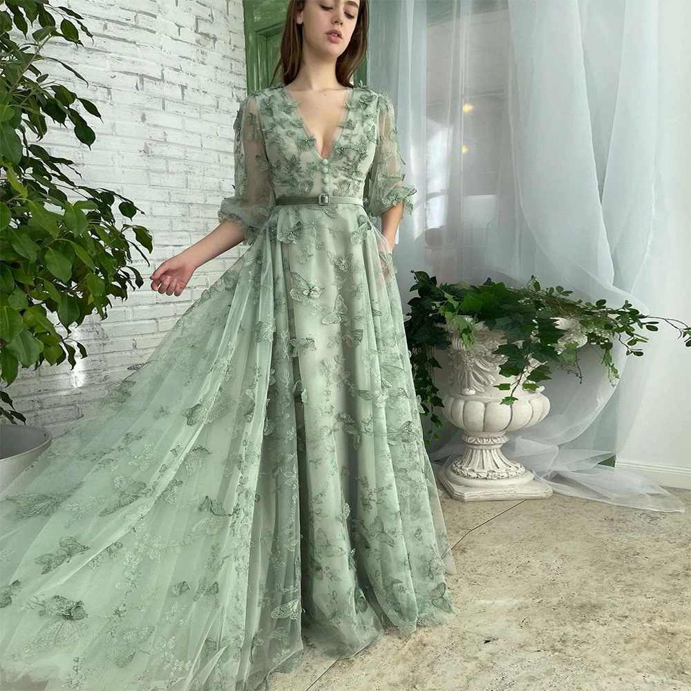 Green Butterfly Tulle Prom Dresses V Neck Long Sleeves Velvet Belt Evening Gowns Formal Party Dress with Pockets