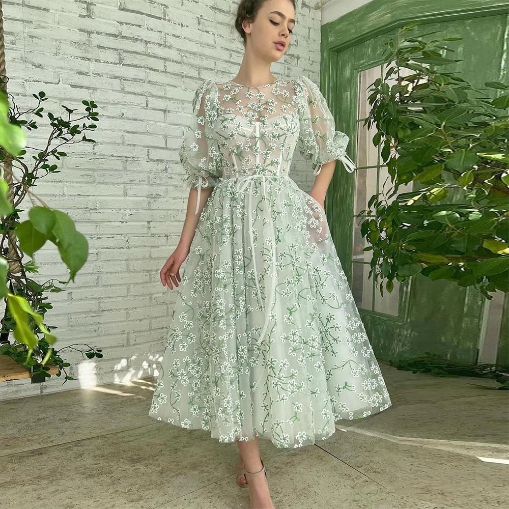 Lace Appliques Embroidery Floral Prom Dresses Tea-Length A-Line Formal Party Dress Evening Gown With Pockets