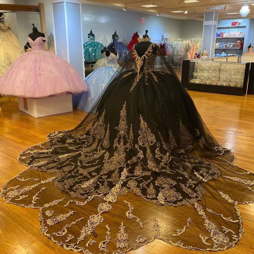 Luxury Black Ball Gowns Quinceanera Dresses Beading Sequined Appliques Sweetheart Lace Party Princess Skirt Vestidos De Fiesta