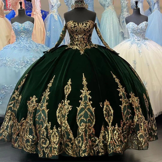 Sparkly Green Velvet Quinceanera Dresses Ball Gown Sequin Appliques Graduation Gowns vestidos de xv años Sweet 15 16 Dress