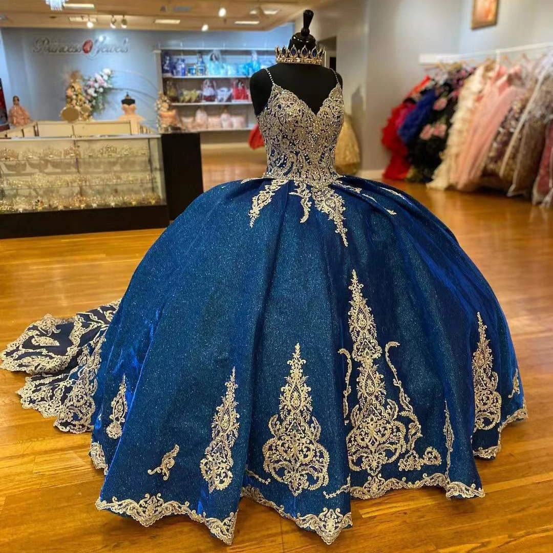 Blue Quinceanera Dresses Ball Gown For S16 weet Girl Sequined Beading Appliques Sweep Train Princess Dress Vestidos De 15 Años