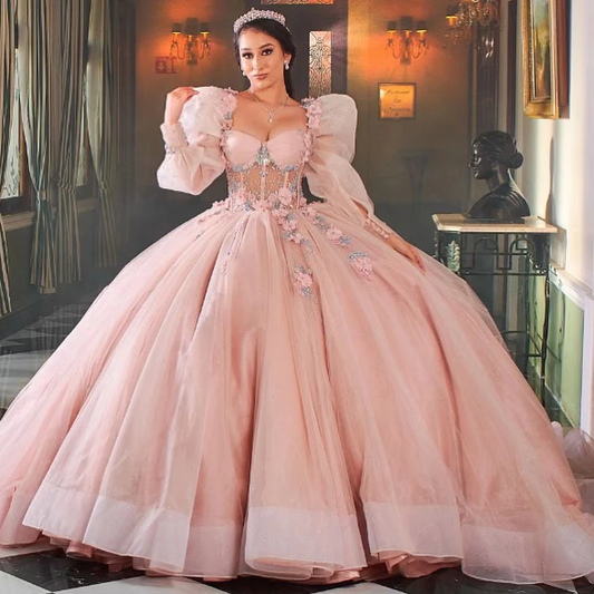 New Pink Quinceanera Dress Ball Gown 2002 For Sweet 16 Girl Beading Appliues Long Sleeve Graduation Party Princess Gowns