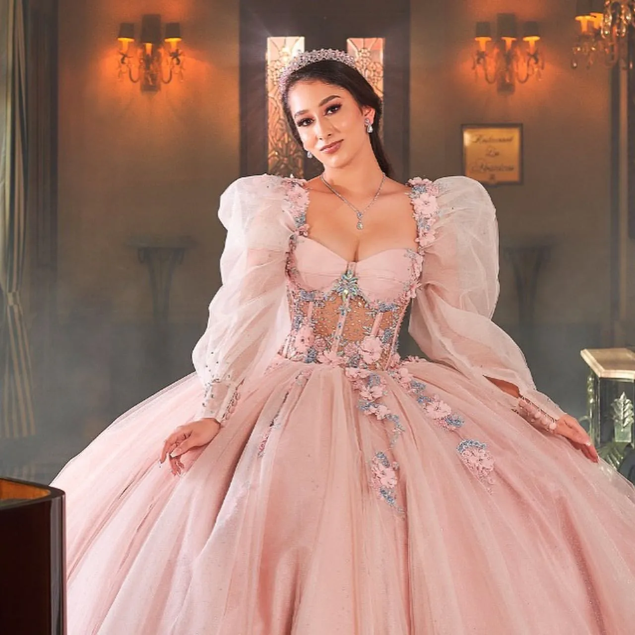 New Pink Quinceanera Dress Ball Gown 2002 For Sweet 16 Girl Beading Appliues Long Sleeve Graduation Party Princess Gowns