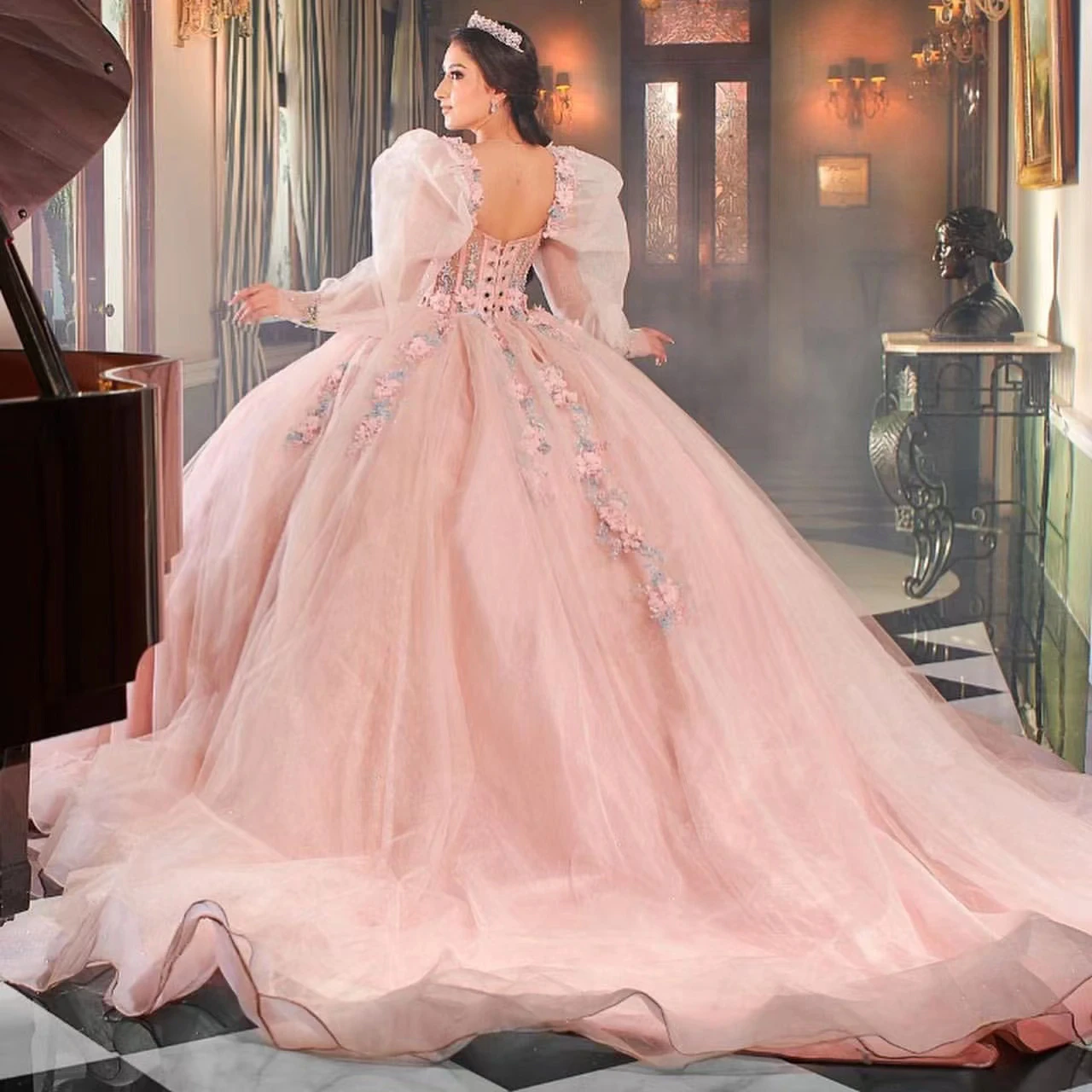 New Pink Quinceanera Dress Ball Gown 2002 For Sweet 16 Girl Beading Appliues Long Sleeve Graduation Party Princess Gowns