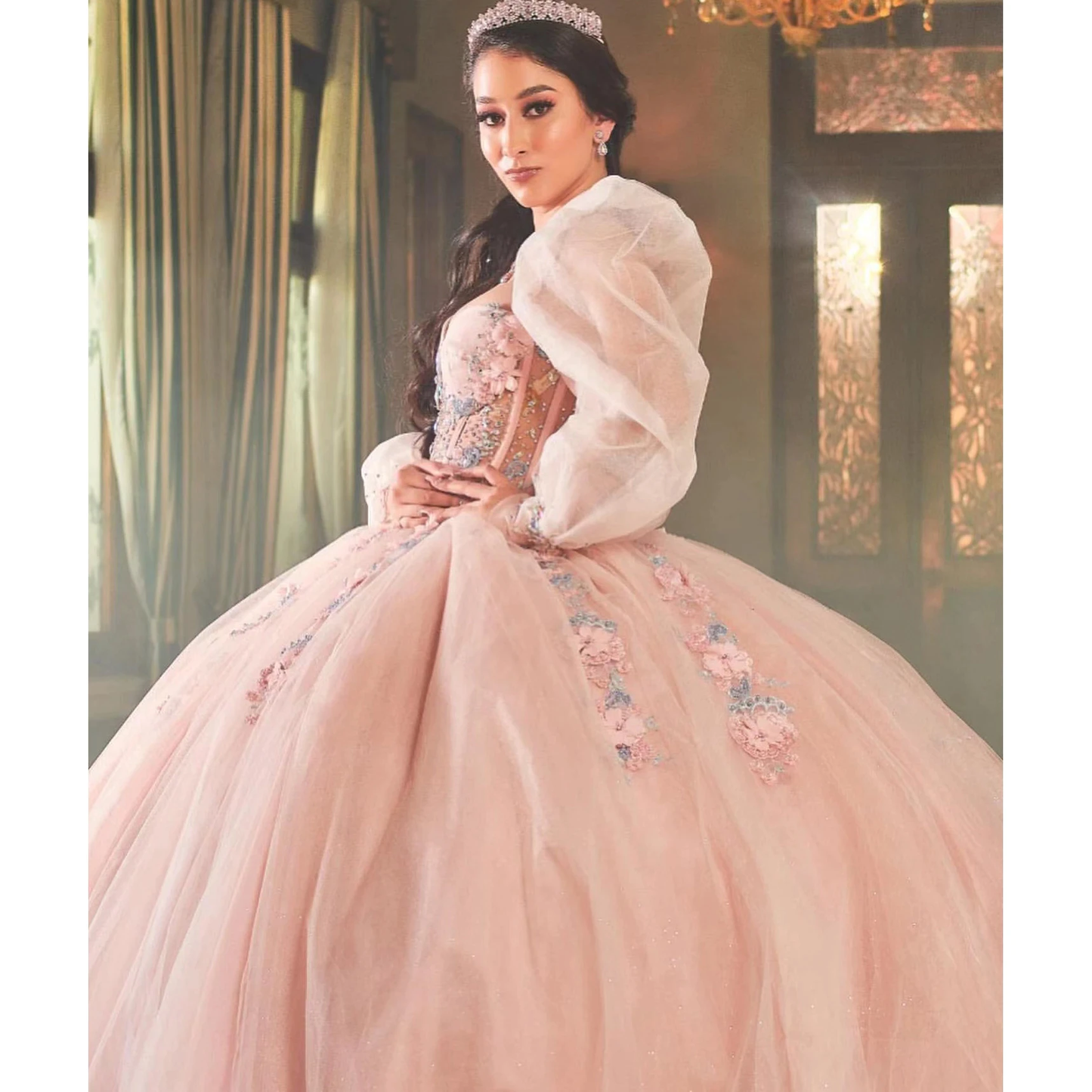 New Pink Quinceanera Dress Ball Gown 2002 For Sweet 16 Girl Beading Appliues Long Sleeve Graduation Party Princess Gowns