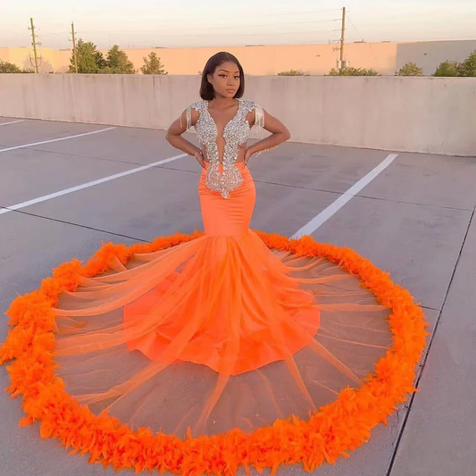Orange African Prom Dresses Beading Sequined Deep V Neck Feahers Long Mermaid Eveing Dress Formal Party Gowns Vestidos Plus Size