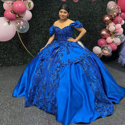 Dark Blue Quinceanera Dresses Satin Beading Sequin Sweetheart Short Sleeve Long Formal Party Ball Gowns Vestidos De 15 Años