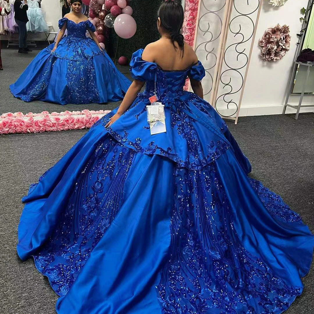 Dark Blue Quinceanera Dresses Satin Beading Sequin Sweetheart Short Sleeve Long Formal Party Ball Gowns Vestidos De 15 Años