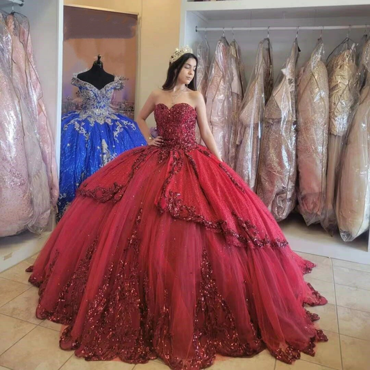 Red New Quinceanera Dresses Sequined Beading Appliques Sweetheart Formal Party Princess Ball Gowns Vestidos De 15 Años
