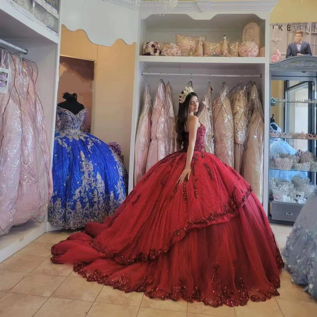 Red New Quinceanera Dresses Sequined Beading Appliques Sweetheart Formal Party Princess Ball Gowns Vestidos De 15 Años