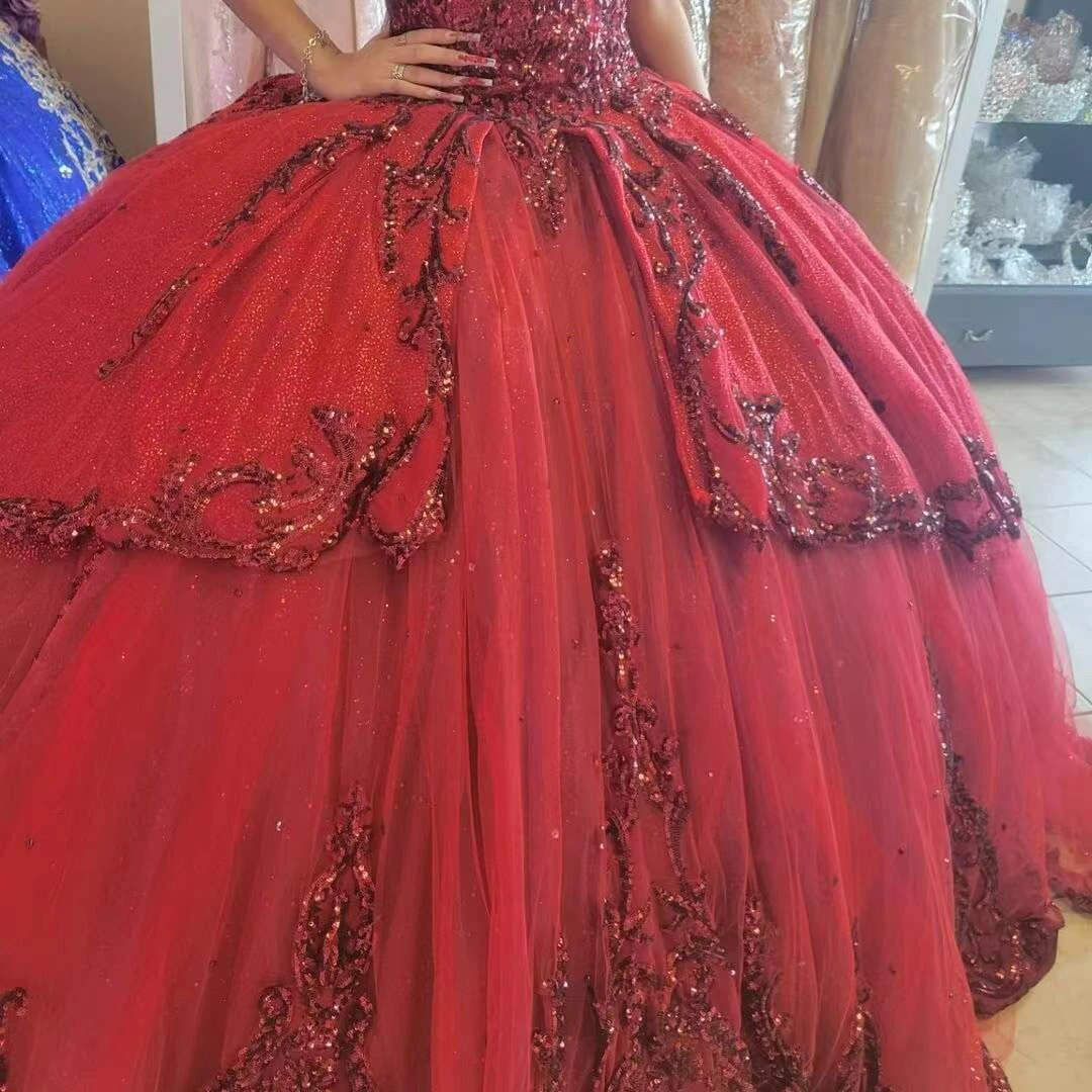 Red New Quinceanera Dresses Sequined Beading Appliques Sweetheart Formal Party Princess Ball Gowns Vestidos De 15 Años