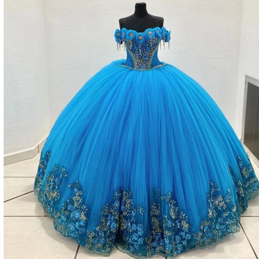 New Quinceanera Dresses Ball Gown Sweet 16 Years Beading 3D Flowers Appliques Tassel Graduation Party Prom Gowns Robes De Soirée
