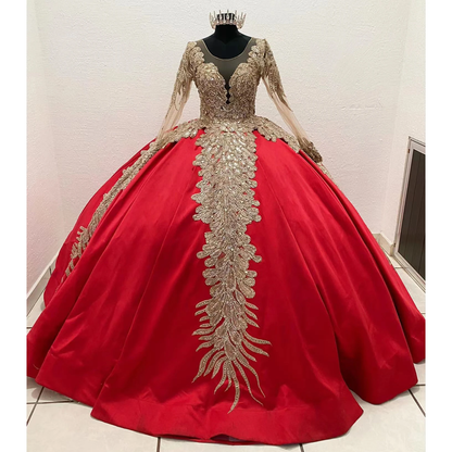 Luxury Red Quinceanera Dresses Ball Gown For Sweet Girl Satin Beading Sequined Long Sleeve Prom Party Gwons vestidos de 15 años