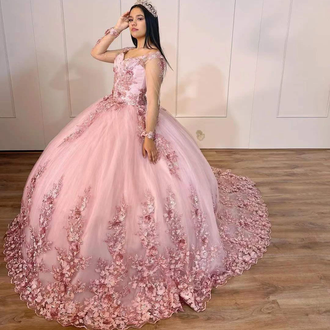 Pink Ball Gowns Quinceanera Dresses Beading Sequined Appliques For Sweet Girl Formal Party Princess Skirt Vestidos De 15 Años