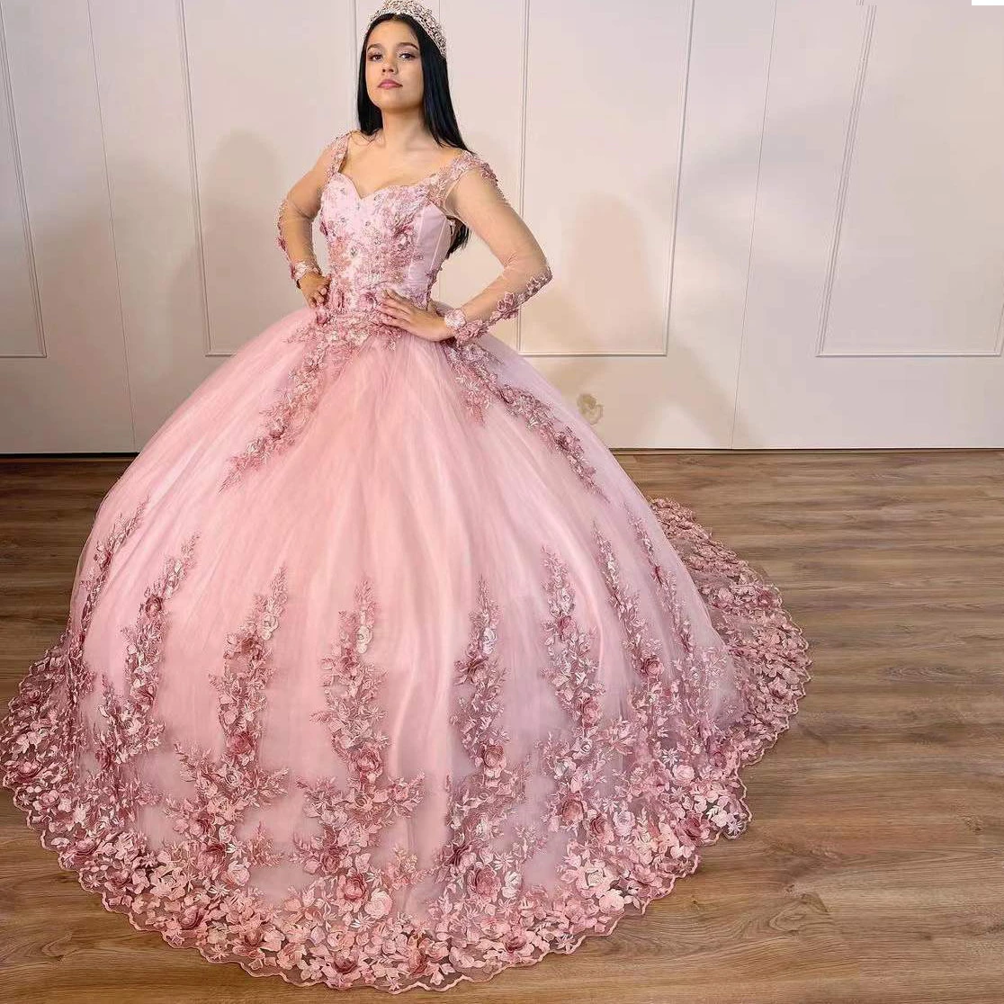 Pink Ball Gowns Quinceanera Dresses Beading Sequined Appliques For Sweet Girl Formal Party Princess Skirt Vestidos De 15 Años