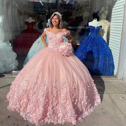 Luxury New Pink Quinceanera Dress Sequined Beading Appliques 3D Flowers Short Sleeve Sweetheart Ball Gown Vestidos De Fiesta