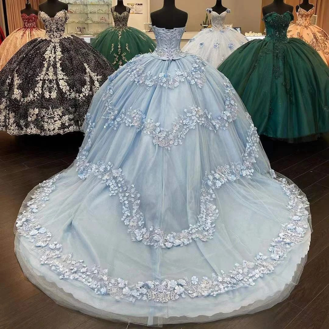 Sky Blue Ball Gown Quinceanera Dresses Beads Sequined 3D Flowers Sweetheart Appliques Sweet 16 Dress vestidos de 15 años