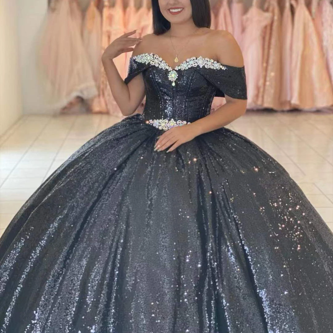 Black Shiny Quinceanera Dresses Sequined Beading Off The Shoulder Princess Ball Gown For Sweet 16 Girl Vestidos De 15 Años