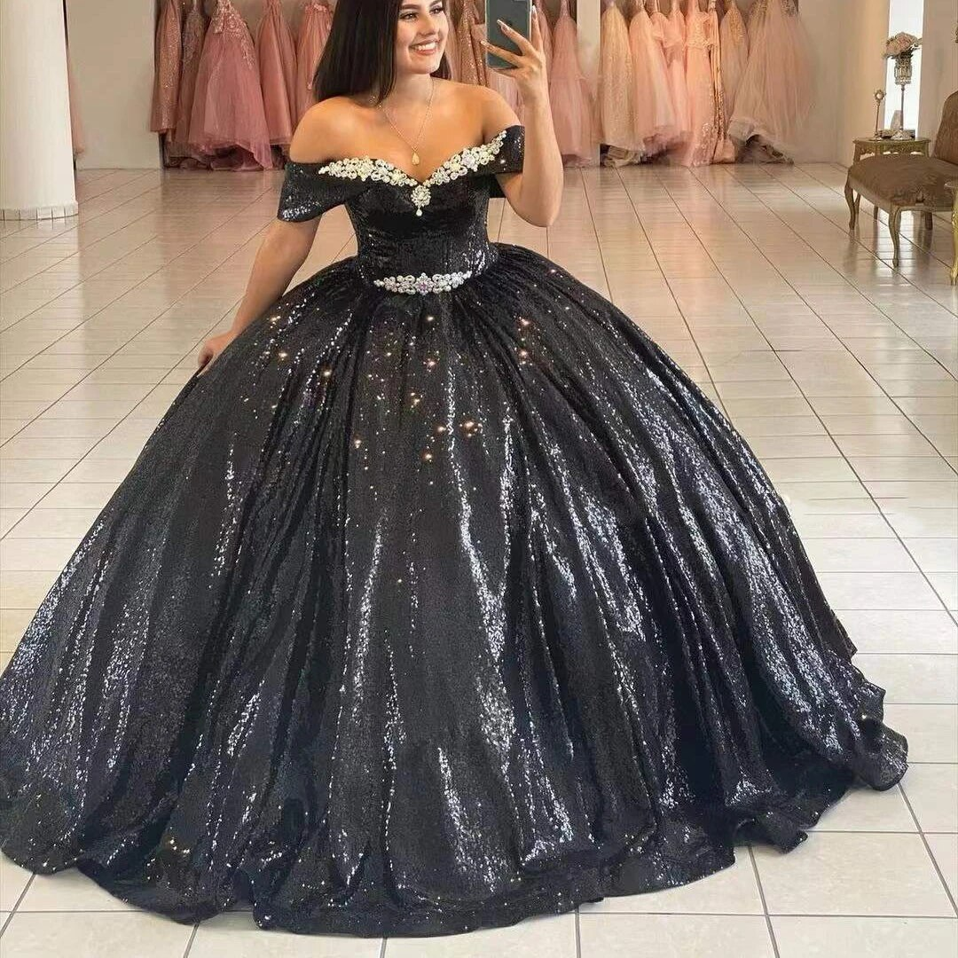 Black Shiny Quinceanera Dresses Sequined Beading Off The Shoulder Princess Ball Gown For Sweet 16 Girl Vestidos De 15 Años