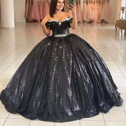 Black Shiny Quinceanera Dresses Sequined Beading Off The Shoulder Princess Ball Gown For Sweet 16 Girl Vestidos De 15 Años