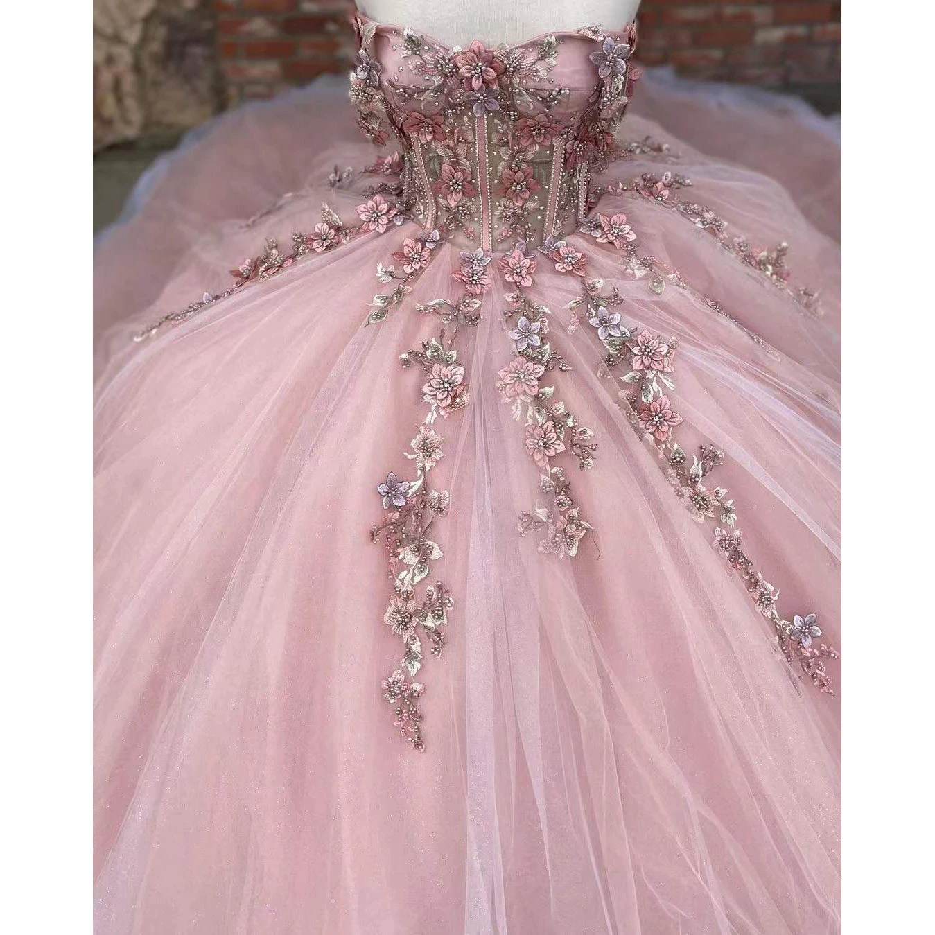 New Pink Quinceanera Dresses Ball Gowns Beading Handemade 3D Flowers For Sweet Girl Princess Ball Gowns Vestidos De 15 Años