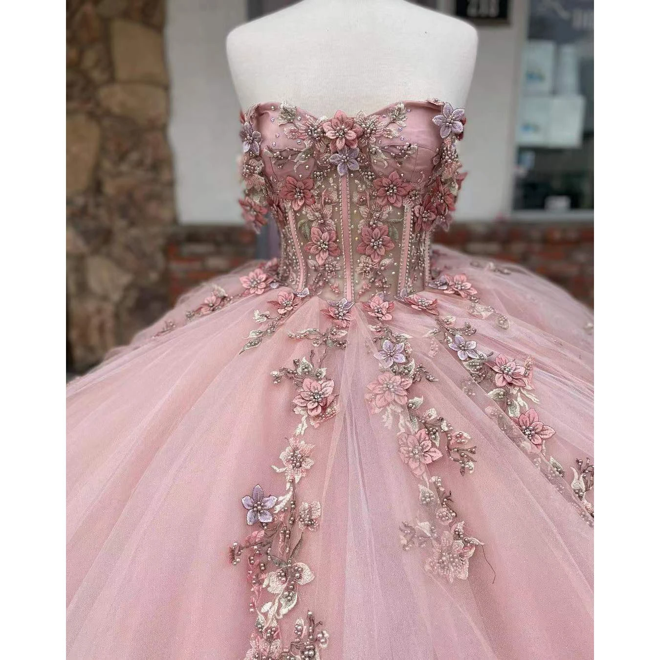 New Pink Quinceanera Dresses Ball Gowns Beading Handemade 3D Flowers For Sweet Girl Princess Ball Gowns Vestidos De 15 Años