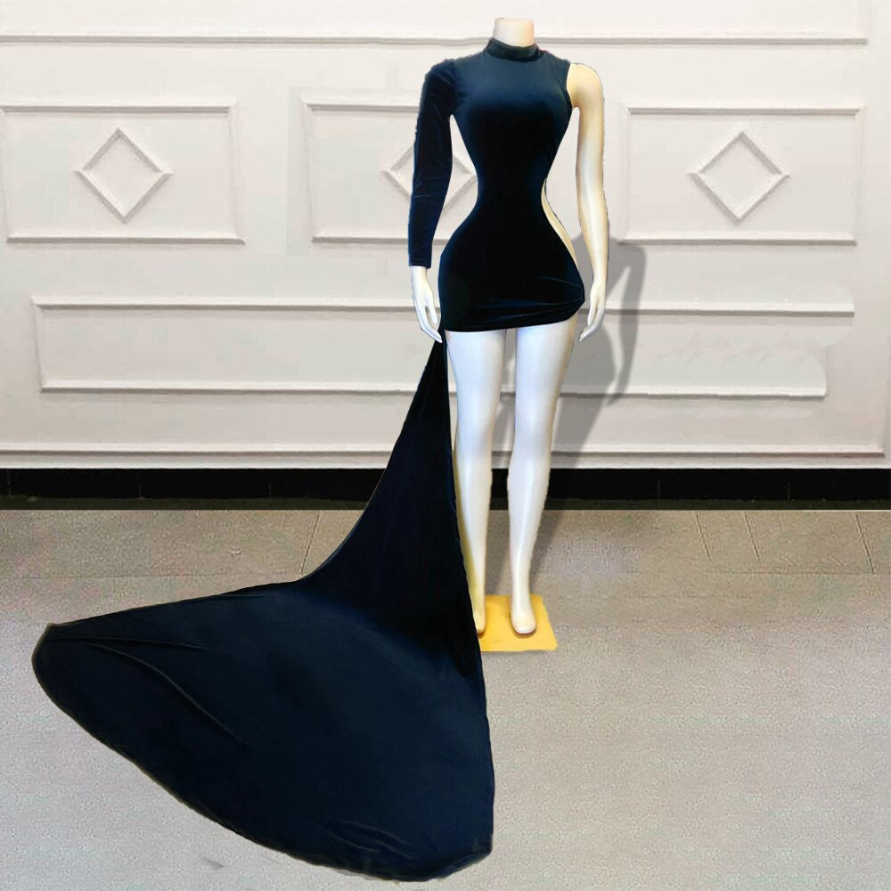 Sexy Black Girls Velvet Short Prom Dresses 2023 for Birthday Party Singe Full Sleeve Women Mini Cocktail Gowns Custom Made