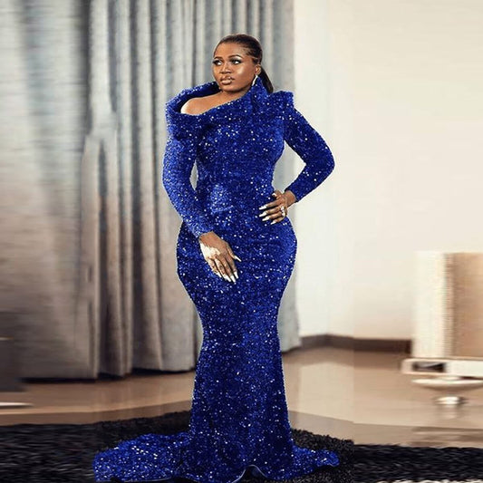 Plus Size Royal Blue Mermaid Evening Dresses Sexy Long Sleeves Glitter Sequins Custom Made Prom Gowns African Formal Party Wear