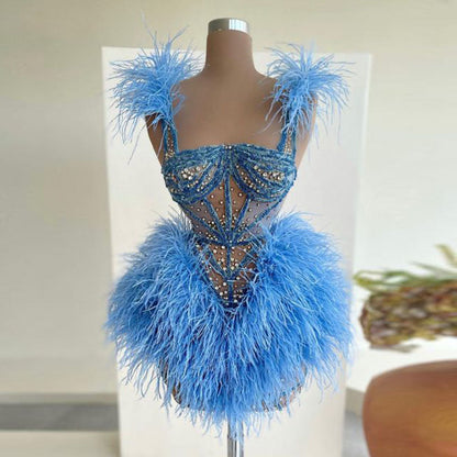 Blue Short Prom Dresses with Feathers Corset Beaded Straps Mini Birthday Party Dress Chic Special Occasion Gowns Short فساتين حف