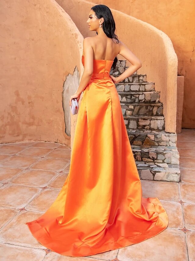 Elegant Orange Sweetheart Mermaid Evening Dress Split Long With Sequins Ruffles