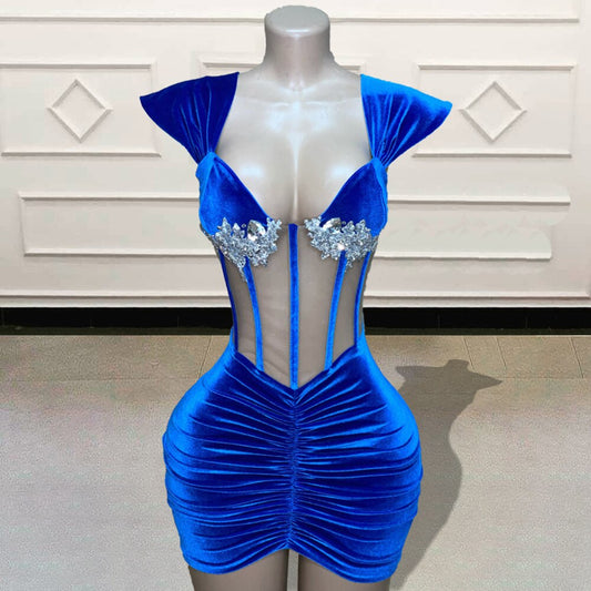 Custom Made Velvet Short Prom Dresses for Birthday Party 2023 Sexy See Through Beaded Crystal Blue Mini Cocktail Gowns