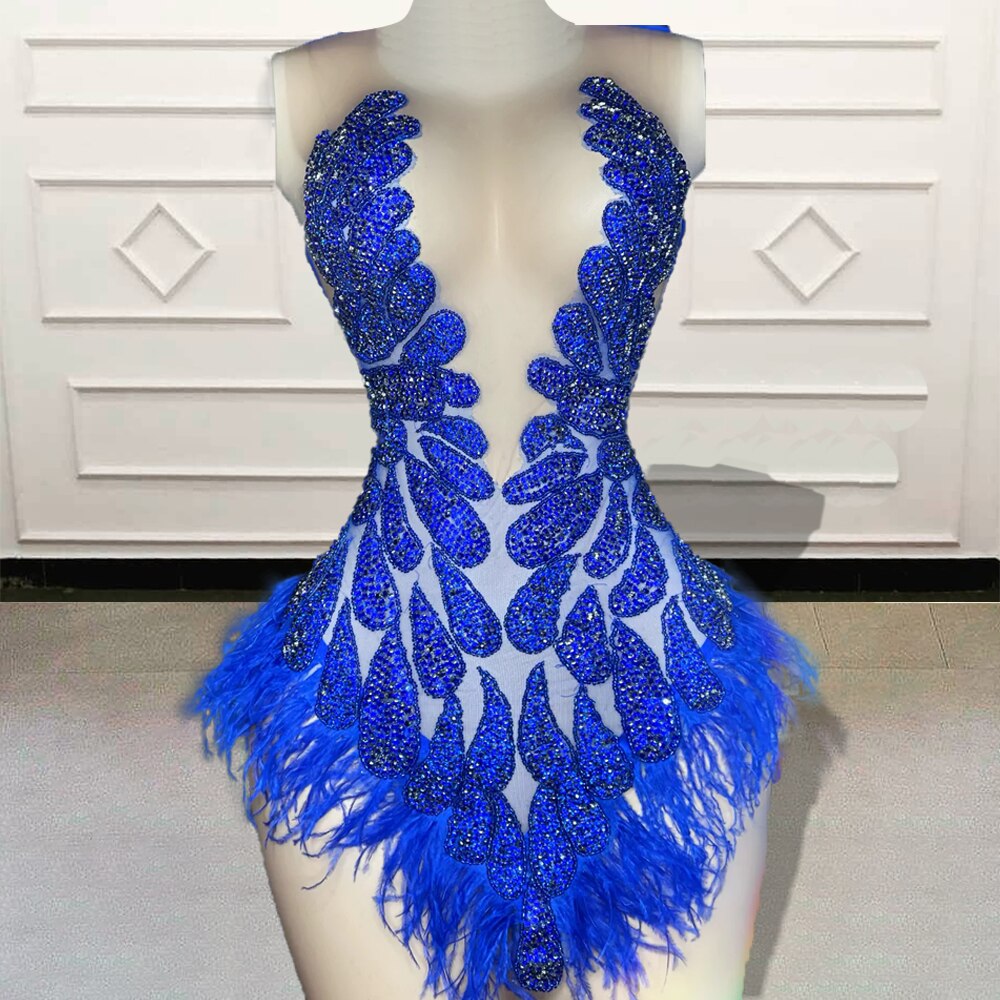 Glitter Beaded Feather Black Girls Blue Short Prom Dresses 2023 Sexy Women Mini Cocktail Gowns for Birthday Party Custom Made