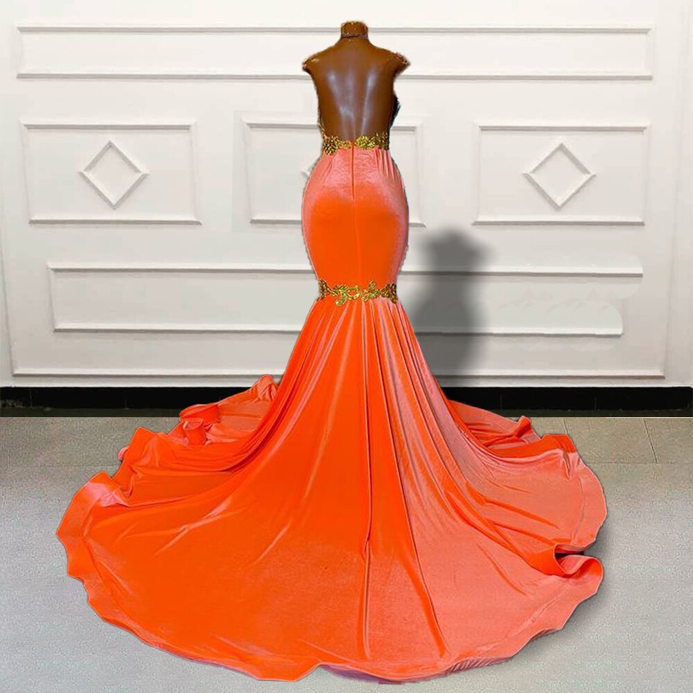 Gold Lace Orange Mermaid Long Prom Dresses 2023 for Graduation Party Sexy Sheer Mesh Backless Women Custom Formal Evening Gown