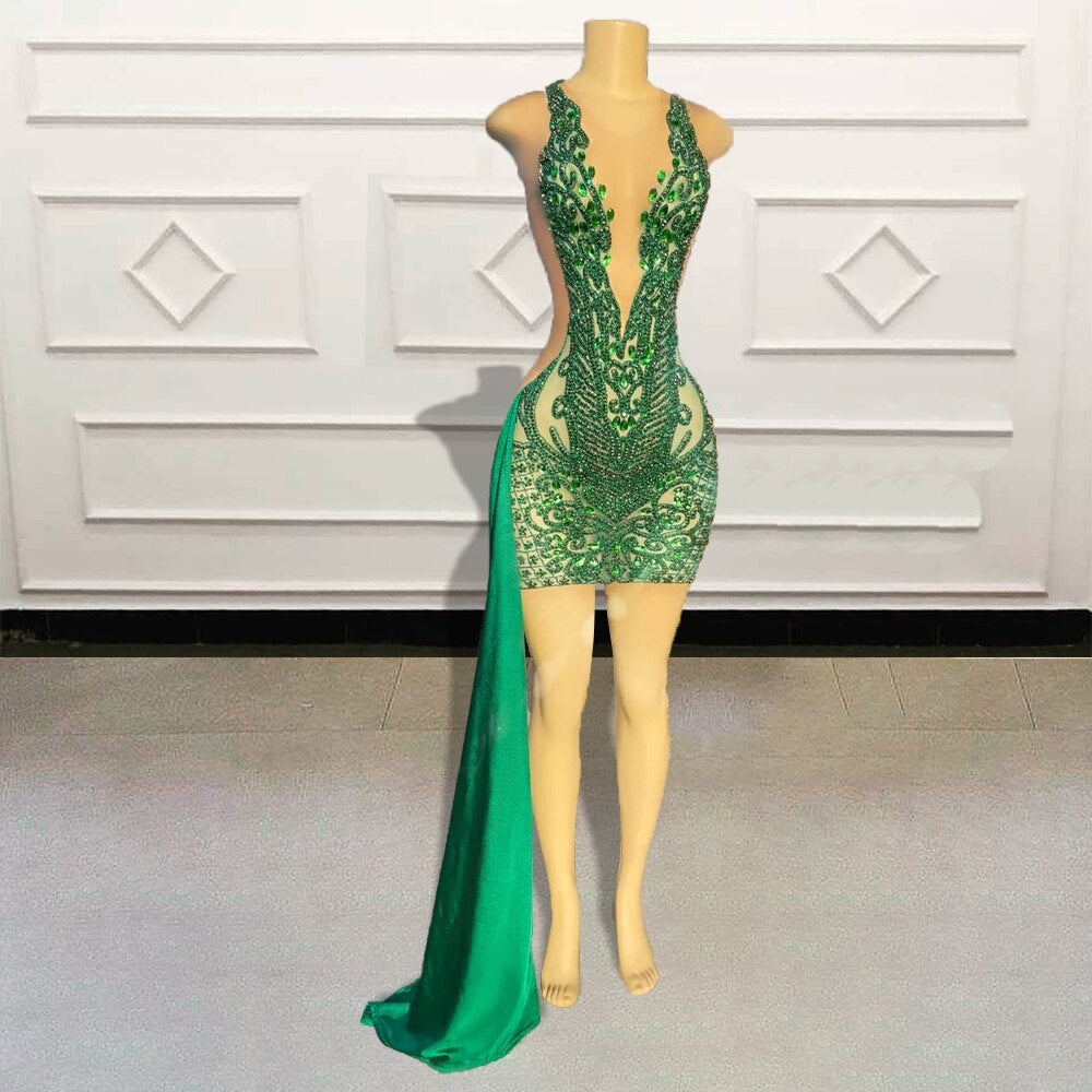 Black Girls Luxury Beaded Diamond Green Short Prom Dresses 2023 for Birthday Party Sexy See Through Women Mini Cocktail Gowns