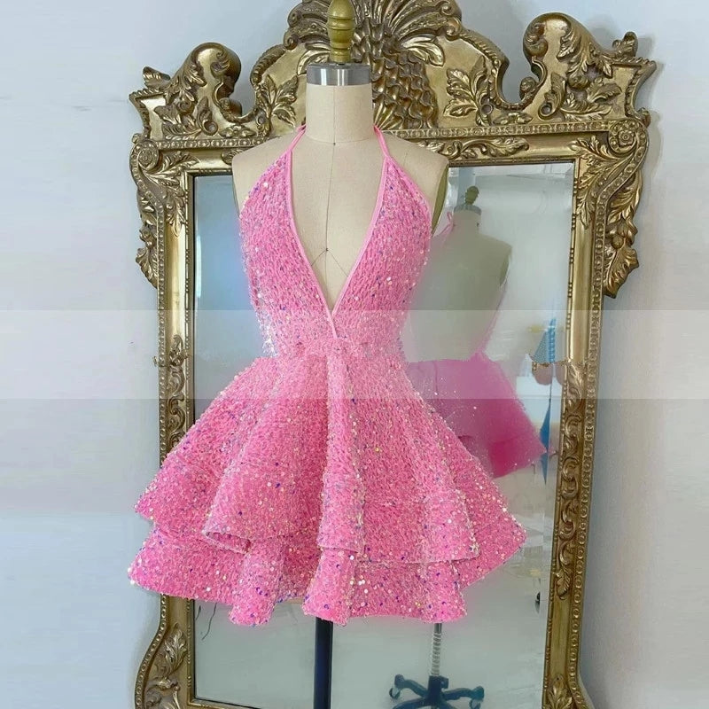 Hot Sale Pink Sequins Mini Prom Dresses for Black Girls Tiered Halter Backless Vestidos de gala Black White Birthday Party Gowns