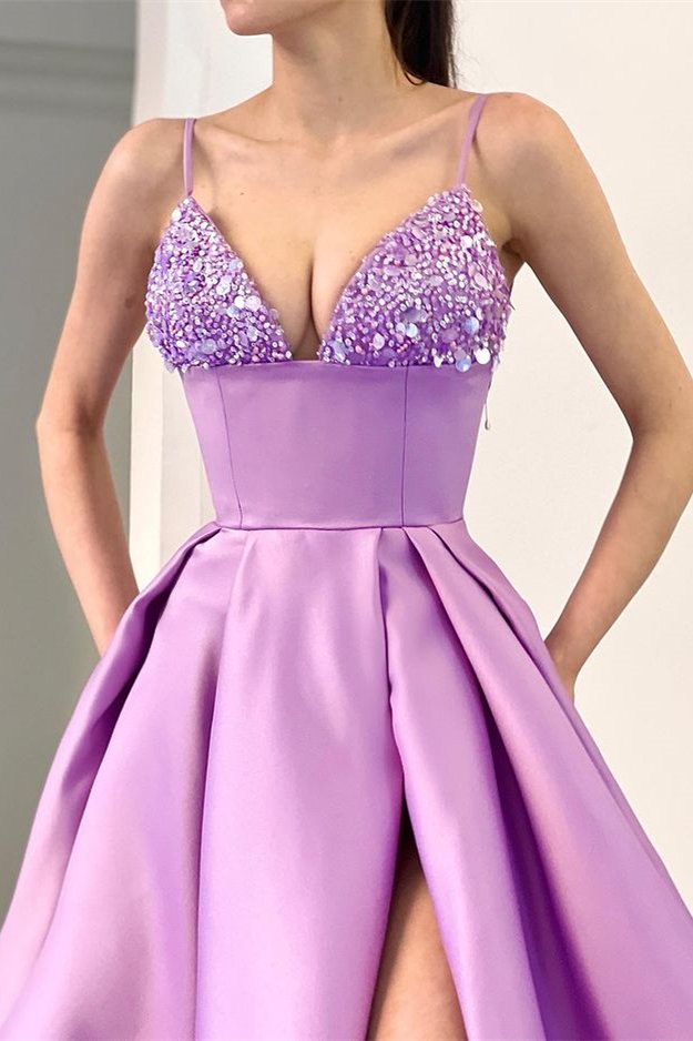 Chic Lilac Spaghetti-Straps V-Neck Evening Dress Sleeveless With Sequins Split