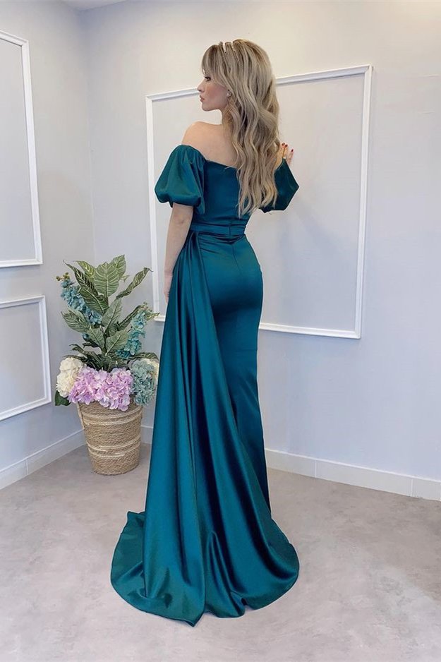 Elegant Bubble Sleeves Off-the-Shoulder Prom Dress Mermaid Long With Slit