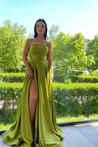 Glamorous Green Strapless Long Evening Dress With Slit