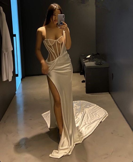 White One Shoulder Long Prom Dress With High Split Sexy Evening Dress