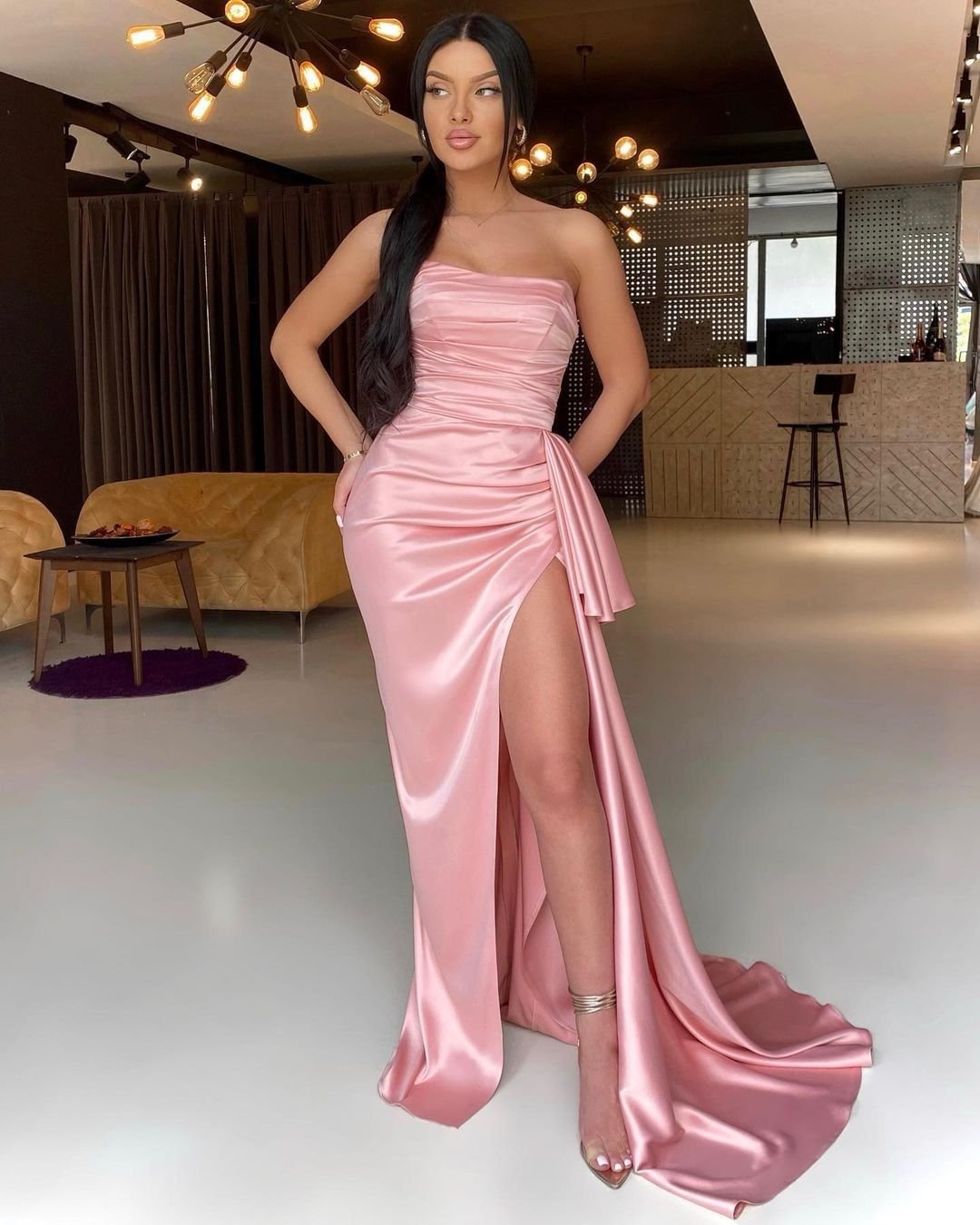 Gorgeous Pink Strapless Long Prom Dress Mermaid Prom Dress With Split