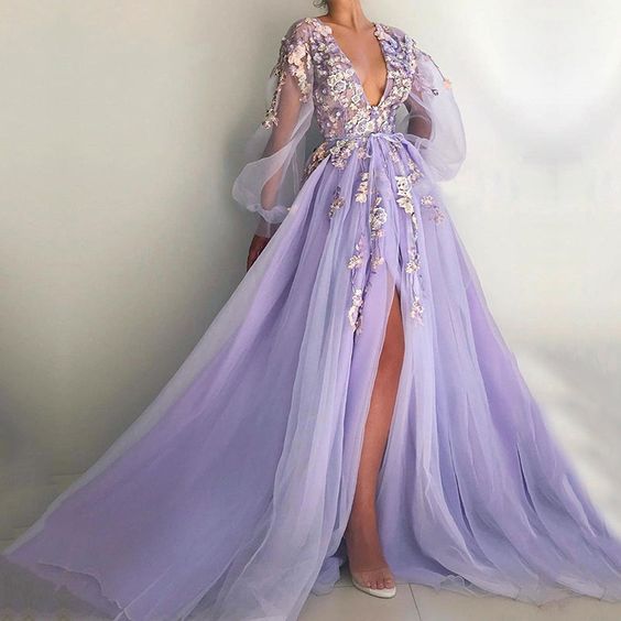 lilac long tulle flowers prom dresses puffy sleeve v neck appliques high split for Prom Dresses