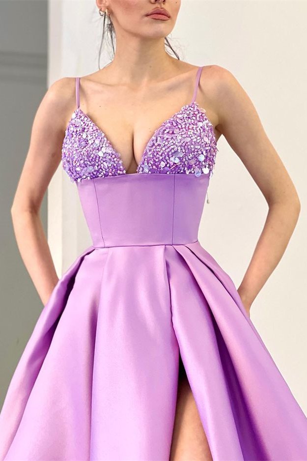 Chic Lilac Spaghetti-Straps V-Neck Evening Dress Sleeveless With Sequins Split